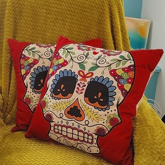 L&J Art- Set of Two Day of the Dead Linen Pillow Cover w/Pillow Mexican Folk Art - Picture 1 of 9